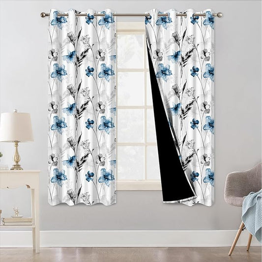 Watercolor Blue Floral Blackout Curtains for Bedroom and Living Room, Grommet Light Filtering Black Out Window Curtains 63 Inch Long 2 Panel Sets, Room Darkening Thermal Curtains for Winter Insulated