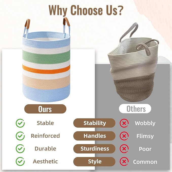 60L Striped Laundry Basket, Rainbow Laundry Hamper with Leather Handles, Woven Cotton Rope Storage Bin for Blankets, Nursery Hamper for Clothes, Toys In Bathroom, Livingroom, Bedroom