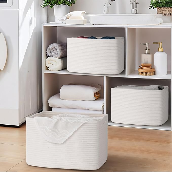 Woven Storage Baskets, White Baskets for Organizing, 3 Pack Woven Basket for Storage, Storage Baskets for Shelf, Towel, Toy, Book, Closet, Baby 15"×10"×9"