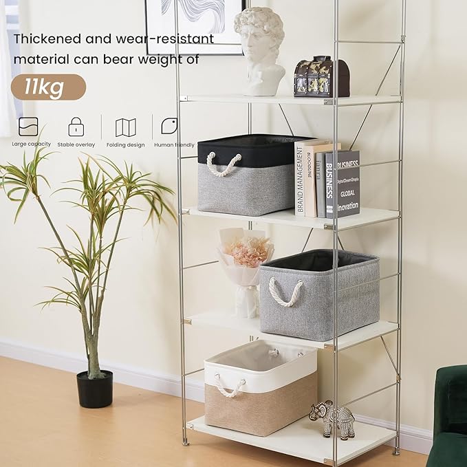 Large Storage Baskets- 15x11x10 inch Storage Bins for Shelves and Closet Organizing, Foldable Fabric Bin for Home Organization Clothes and Laundry (1-Pack, Black&Gray)