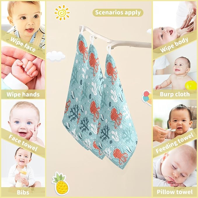 vvfelixl Baby Muslin Washcloths Octopus Swimming Underwater Baby Burp Cloths Cotton Baby Face Towel for Newborn Infants Boys Girls Soft and Absorbent 11.8 X 11.8 in, 3 Pack