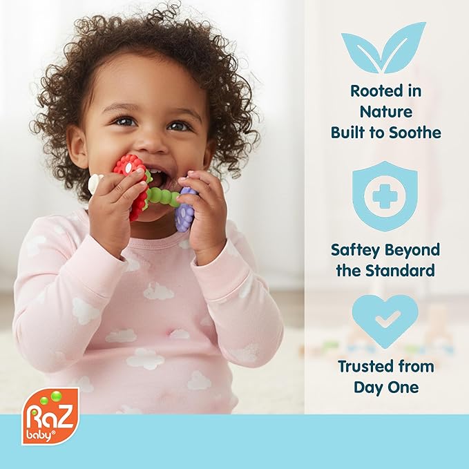 RaZbaby Chompy Teether Wand – Soft Silicone Hollow Baby Teething Tube for Front Teeth & Back Molars, Sensory Development and Multi Textured & Flexible Design, Compatible Teether (Multi Colored)