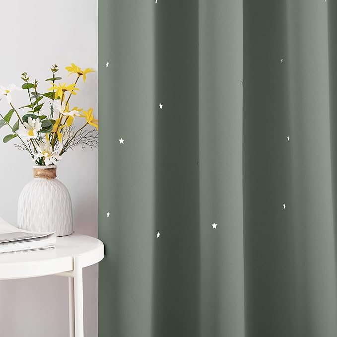 NICETOWN Sage Green Nursery Curtains with Cut Out Stars, Room Darkening Kids Curtains for Small Window Decor, Grommet Thermal Insulated Short Drapes, 2 Panels, 34 x 54 Inch