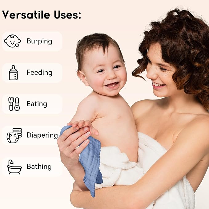 Unnivoll Muslin Baby Washcloths 6 Pack, 100% Cotton Wash Cloths for Babies, Large 12''X12'' Burp Cloths Absorbent and Soft for Newborn Infants Kids Boys Girls - Sapphire Blue