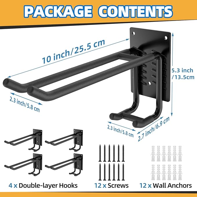 4 Pack Garage Hooks Heavy Duty 10 INCH Two-Tier Steel Shed Wall Mount Workshop Garage Storage Organizer Hooks for Hanging Garden Tool, Hose, Ladder, Chairs, Bikes with Anti-Slip Coating