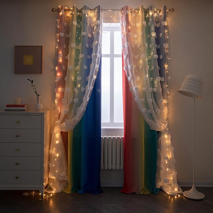 MYSKY HOME Pom Pom Sheer and Blackout Curtains Double Layer Rainbow Curtains 63 Inches Long Kids Curtains for Girls Bedroom Son Room Ombre Room Darkening Grommet Rainbow 52 x 63 in 2 Panels