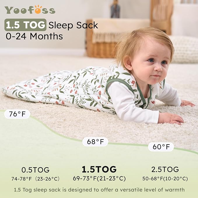 Yoofoss Baby Sleep Sack 12-18 Months, 1.5 Tog Baby Wearable Blanket with 2-Way Zipper, 100% Cotton Organic Fabric Winter Infant Sleeping Sack, Warm Soft Comfy