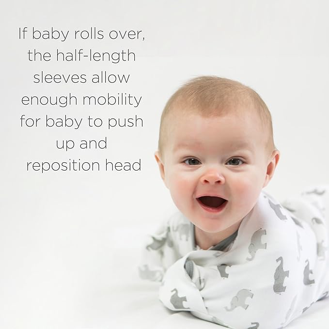 Amazing Baby Transitional Swaddle Sack with Arms Up Half-Length Sleeves and Mitten Cuffs, Small, 0-3 months, 6-14 lbs, Tiny Elephants, Sterling (Arms Up Swaddle, Transition Swaddle Sleep Sack)