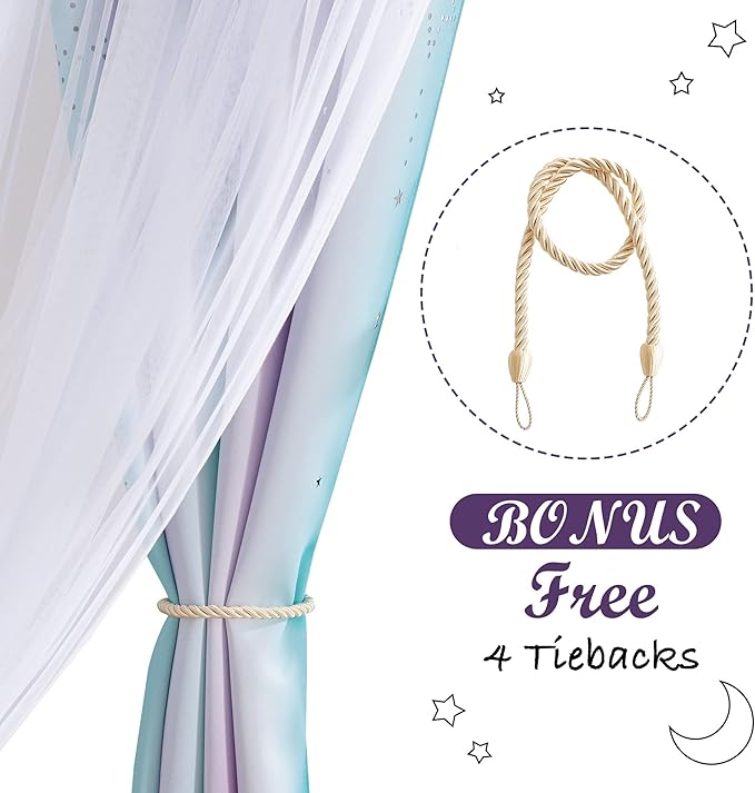 NICETOWN Moon Star Curtains for Nursery, Double Layer Rainbow Blackout Grommet Ombre Curtains with Sheer for Living Room, Nursery, Girls Bedroom 1 Pair, 52W x 84L, Teal & Purple