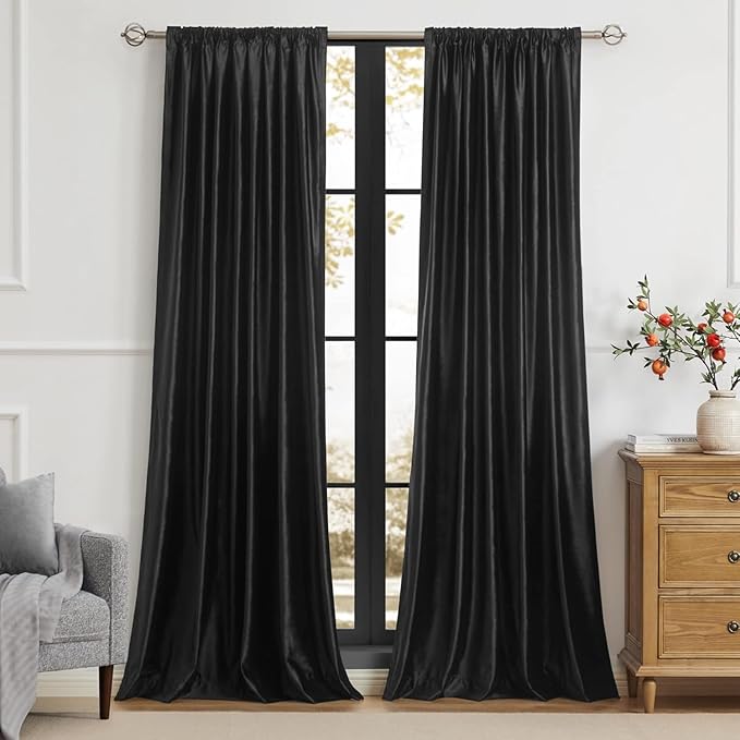 PRIMROSE Black Curtains 102 inch for Living Room Velvet Drapes Blackout Rod Pocket Back Tab Window Treatment Semi Room Darkening Decor Curtains for Bedroom Set of 2 Panels