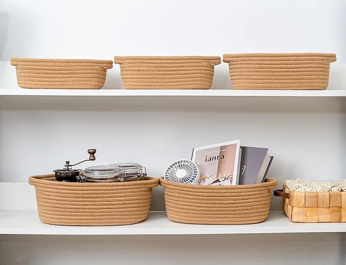 CubesLand Small Cotton Rope Storage Basket Set 5, Shelves Baskets for Organizing with Handle, Decorative Closet Storage Bins for Countertop Toilet Paper Basket for Toilet Tank Top,Brown Basket