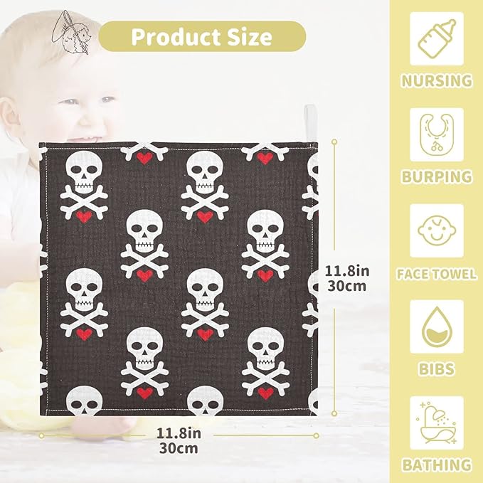 Baby Washcloths Cotton Skull Red Heart Baby Muslin Washcloths Soft Baby Face Towel for Newborn Infants Baby Wipes, 11.8 X 11.8 Inch, 5 Pack
