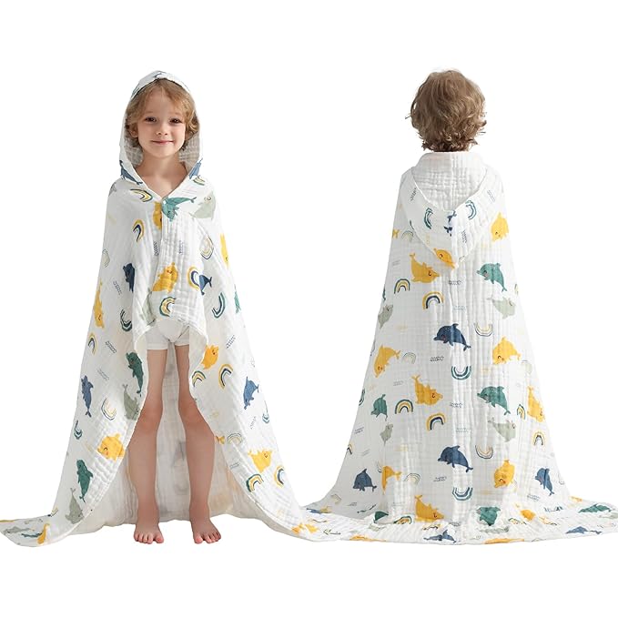 Toddler Hooded Bath Towels,100% Cotton Muslin Baby Towels for Boys Girls,Ultra Soft & Absorbent Quick Dry Kids Towel for Beach,Pool,Bathroom,Large 43x43 Inch