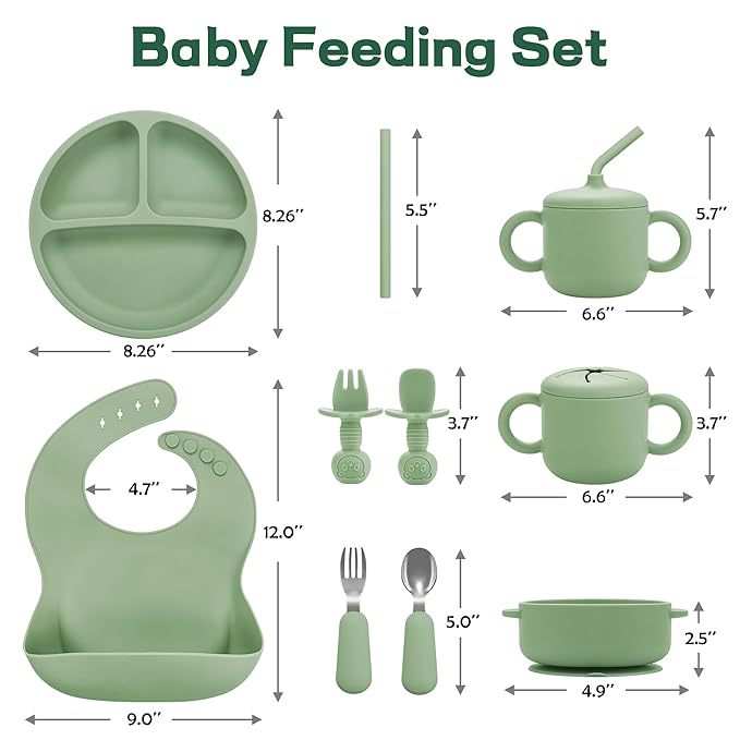 Bufims Silicone Baby Feeding Set, Baby Led Weaning Supplies, Eating Essentials Utensils with Suction Plate and Bowl, Pocket Bib, Sippy Cup with Lid, Forks Spoons Snack Container, for 6+ Months, Green