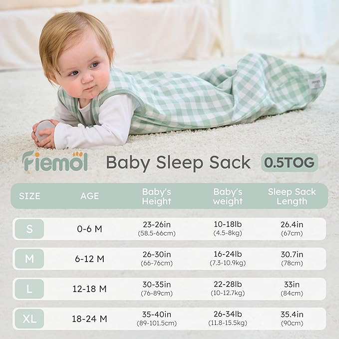 FIEMOL Baby Sleep Sack 12-18 months, 100% Cotton Sleeping Sack for Toddler, 3 Pack Baby Wearable Blanket, 0.5 Tog Lightweight Double Zipper Sleep Bag Large Green Forest Bear
