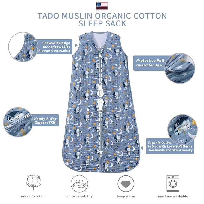 TADO MUSLIN Baby Sleep Sack 6-12 Months Wearable Blanket for Babies 100% Organic Cotton 2-Way Zipper YKK 0.5 TOG Toddler Sleeping Sacks Bears