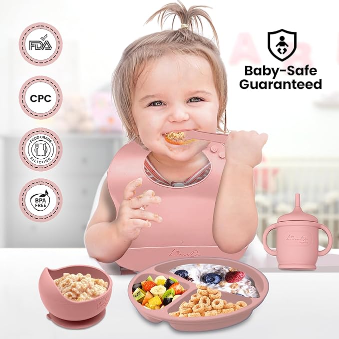 Silicone Baby Feeding Set, 10 Pcs Baby Led Weaning Supplies | BPA-Free Baby Dishes with Toddler Plates and Bowls Set, Silicone Bib, Suction Cup, Baby Spoons & Forks | Empower Independence – Pink