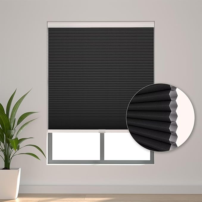 Changshade Blackout Cellular Shades Cordless Blinds for Indoor Windows, Room Darkening Honeycomb Pull Down 1.5" Cell for Bedroom, Bathroom, Nursey, Black, Shade Size 31.5 Inch Width, 72 Inch Height