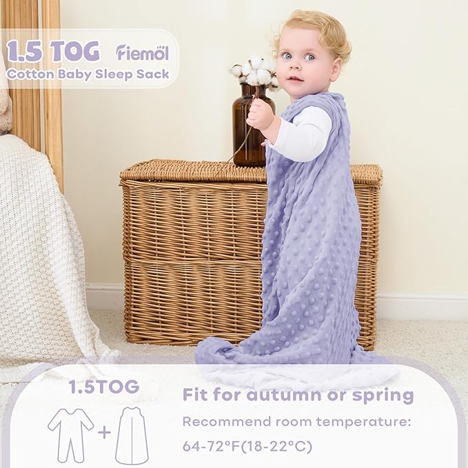 FIEMOL Fleece Baby Sleep Sack 0-6 Months, 1.5 TOG Cotton Baby Wearable Blanket With Soft Plush Dots, 2 Pack Newborn and Infant Warm Sleeping Sack with 2-Way Zipper Pink&Purple
