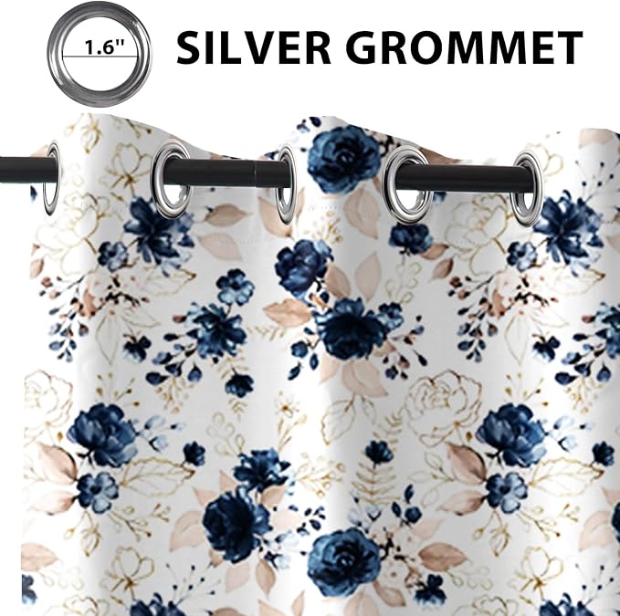 Renaiss Blue and White Floral Blackout Curtains Gold Line Rose Flowers Thermal Insulated Window Drapes for Bedroom 29W x 45L inches 2 Panel Set Window Curtain Panels for Kitchen