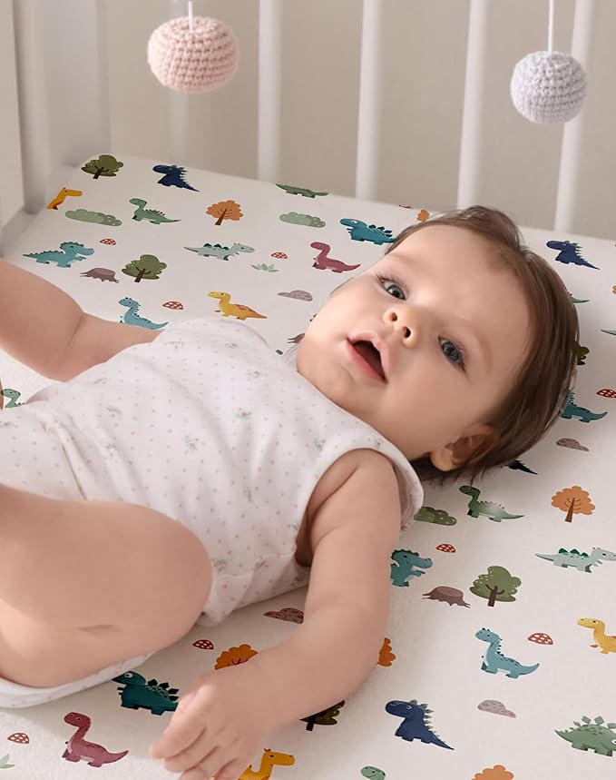 Pack and Play Sheets 2 Pack, Fitted Jersey Knit Mini Crib Sheets for Baby Boys and Girls, Compatible with Graco Pack N Play and Mini Crib Mattress (Sage Dino, Pack N Play/Mini Crib Sheets)