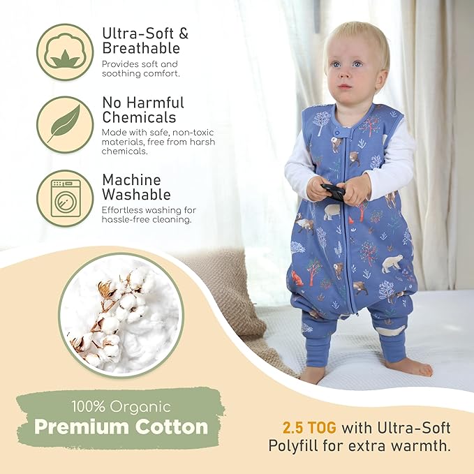 Mama Cheetah Toddler Sleep Sack with Feet 4T - 5T, 2.5 TOG Organic Cotton Baby Sleeping Bag with Legs, Baby Wearable Blankets for Walkers w/ 2-Way Zipper, Baby Sleep Sack for Girls & Boys, XL