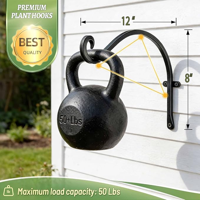 Hanging Plant Brackets Outdoor: 50 lbs Heavy Duty Metal Wall Hooks, 12 Inch Rustproof Hanging Plant Hangers for Bird Feeders, Lanterns, Balcony Fence, 2 Pack
