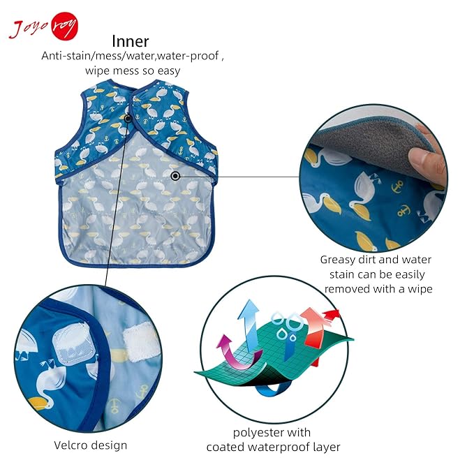 Joyo roy Mess Proof Baby Bibs for Eating Waterproof Toddler Bibs 1-3 Years Soft Machine Washable Sleeveless Baby Smock Bib for Boys Travel Reusable Led Weaning Apron for Feeding Bib with Food Catcher
