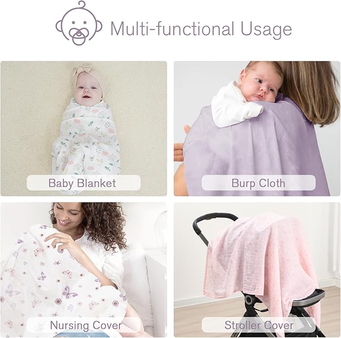 Little Grape Land Muslin Swaddle Blankets 47''x47'' 4 Pack, 100% Cotton Large Size Baby Swaddles for Newborn, Soft Breathable Baby Blankets for Newborns, Butterfly&Bunny