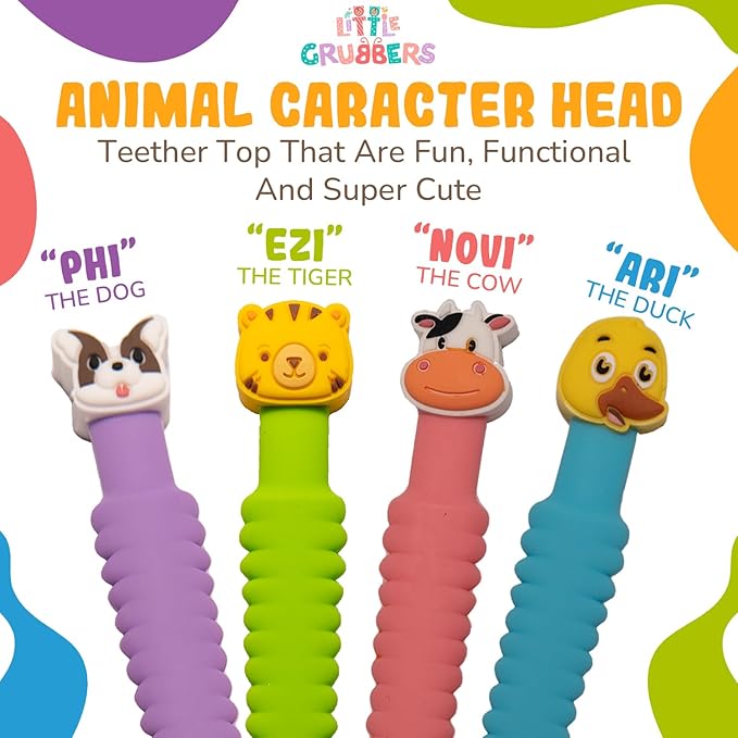 Little Grubbers 3-in-1 Silicone Baby Spoon Self Feeding 6+ Months - Pediatric OT Designed Teether Spoon, BPA Free Toddler Utensils, Mess-Free, Fun for Baby Led Weaning Supplies, Dog & Cow