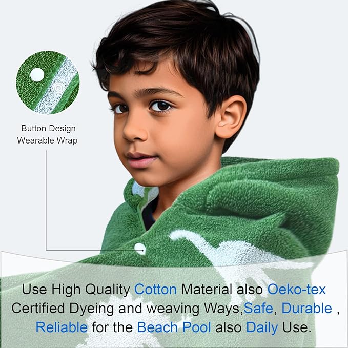 VOOVA & MOVAS Kids Hooded Bath Towels (3-10Years,30"x54"),100% Cotton Thick Absorbent Soft Towel Wrap for Toddler Boys,Perfect for Bathroom | Pool | Beach | Swimming, Jacquard Green Dinosaur