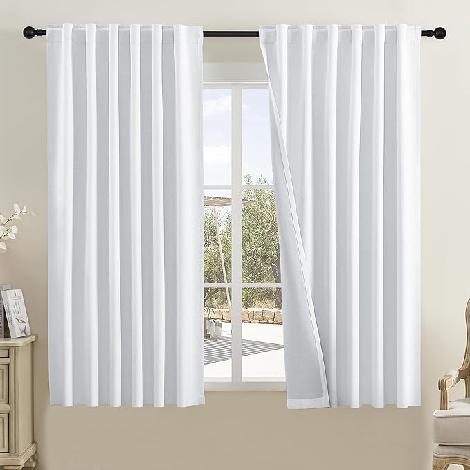 DUALIFE Greyish White Blackout Curtains for Bedroom Living Room 72 Inches Long - 2 Panels Set Flax Textured Room Darkening Black Out Curtains for Bedroom Windows,Back tab Rod Pocket(50x72 Inch)