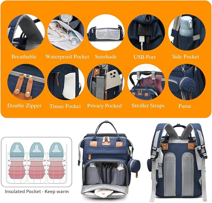 Baby Diaper Bag with Changing Station, Waterproof Diaper Bag Backpack for Mom/Dad, Baby Shower Gifts, w/USB Charging Port, Insulated Bottle Holders & Pacifier Case, XL Storage Backpack, Blue
