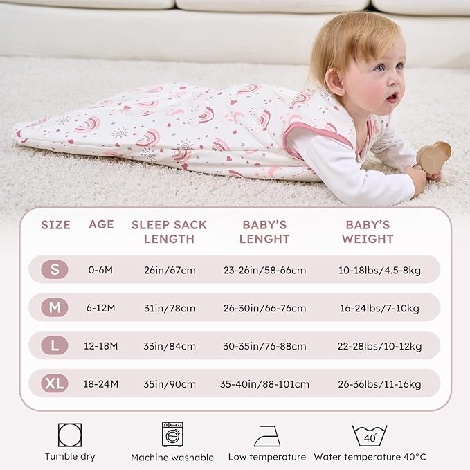 FIEMOL Baby Sleep Sack 12-18 Months, 2.5 TOG Cotton Winter Baby Wearable Blanket with 2-Way Zipper, Warm Soft Sleeping Bag for Toddler Boy Girl, Large Rainbow