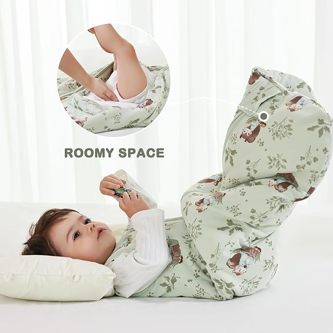 Mosebears Sleep Sack Baby Winter Wearable Blanket with 2-Way Zipper,2.5 TOG Cotton Sleep Sack Unisex(Green Animal,6-12 Months)