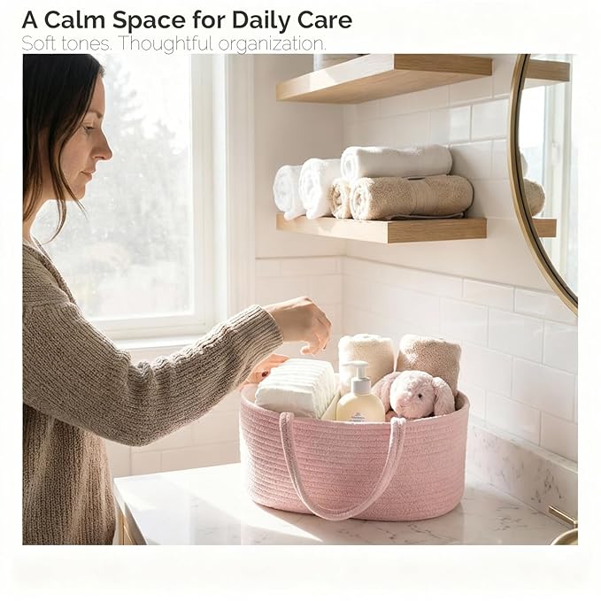 luxury little Diaper Caddy Organizer, Large Cotton Rope Nursery Baby Basket, Changing Table Organizer for Baby Diaper Storage, Portable Car Organizer Removable Divider (Light Pink, Extra Large)