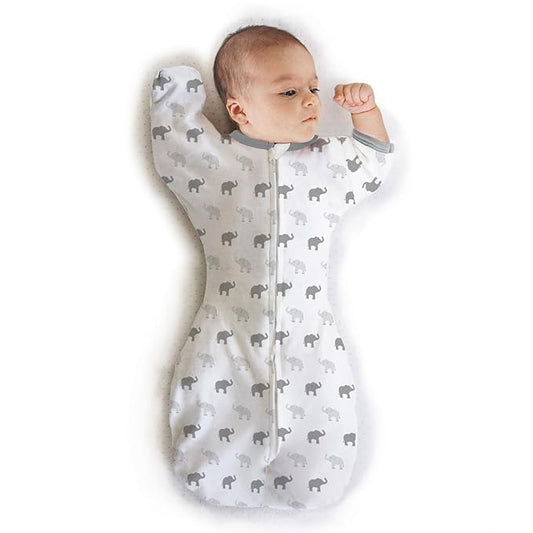 Amazing Baby Transitional Swaddle Sack, Arms Up Half-Length Sleeves & Mitten Cuffs, Swaddle for Newborn Transition to Baby Sleep Sack Wearable Blanket, Lrg, 6-9 mo, 21-24 lb, Sterling Tiny Elephants