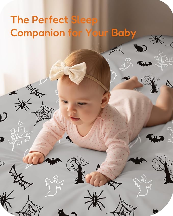 Halloween Baby Crib Sheets, Fitted Crib Sheet for Standard Crib and Toddler Mattress, Pumpkin, Black Cat, Bat, Witchy