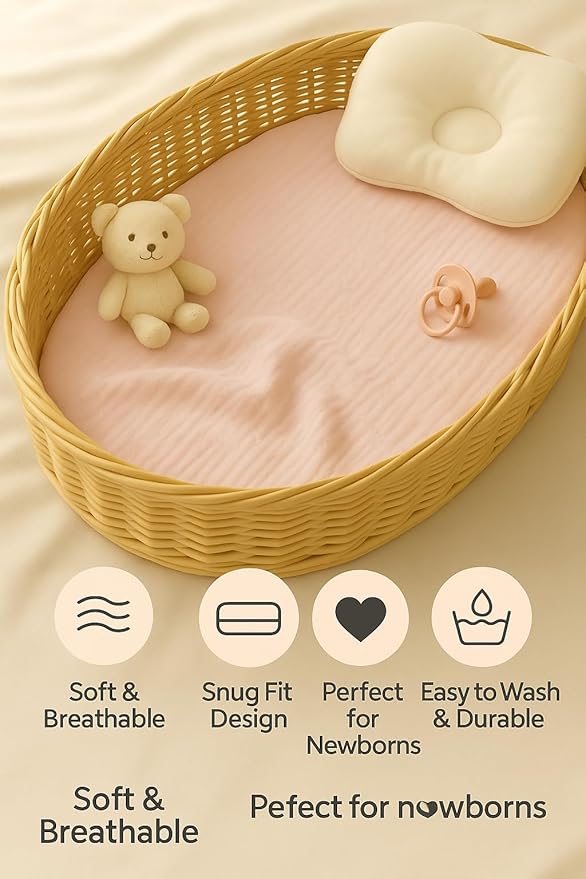 Muslin Bassinet Sheets Set of 2 Large Size 33x17 Pink & Beige Baby Bassinet Sheets, Soft Breathable Fitted Sheets for Bedside Sleeper, Gentle on Baby Skin, Stays Tight & Won’t Bunch Up