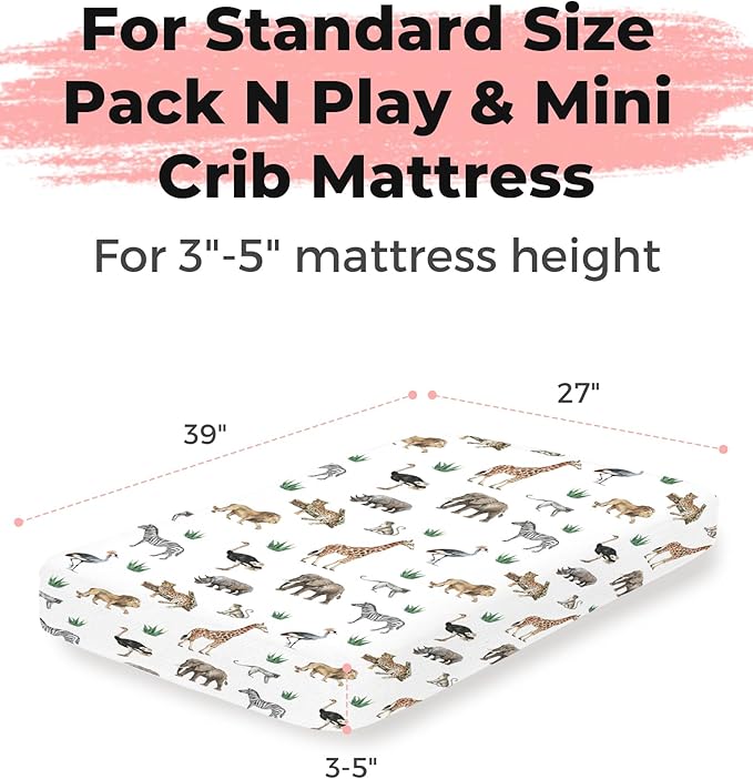 Pack and Play Sheets 2 Pack, Fitted Jersey Knit Mini Crib Sheets for Baby Boys and Girls, Compatible with Graco Pack N Play and Mini Crib Mattress (Jungle Journey, Pack N Play/Mini Crib Sheets)