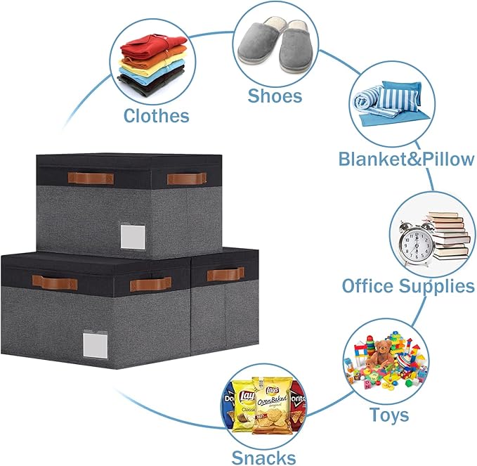 GhvyenntteS Extra Large Storage Bins with Lids 6 Pack, Foldable Fabric Storage Boxes with Lids and 3 Leather Handles, Storage Baskets with Label Window (Grey&Black, 15.75x11.8x10.2)