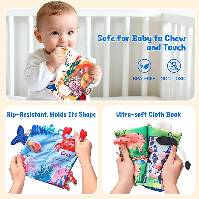 JoyCat 2-Pack Baby Cloth Books 0-6-12 Months - Farm & Ocean Infant Sensory Toys - Tummy Time Mirror & Montessori Developmental Learning - Valentine & Easter Basket Stuffers Gift Set