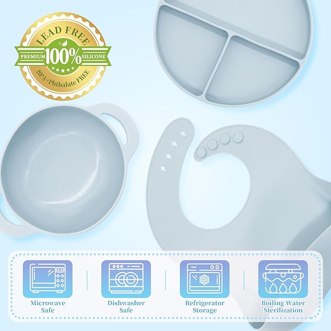 CHCC Silicone Baby Feeding Set 10 Pcs, Baby Led Weaning Supplies, Baby Feeding Supplies Set BPA Free, Baby Essentials for Newborn Gift Blue