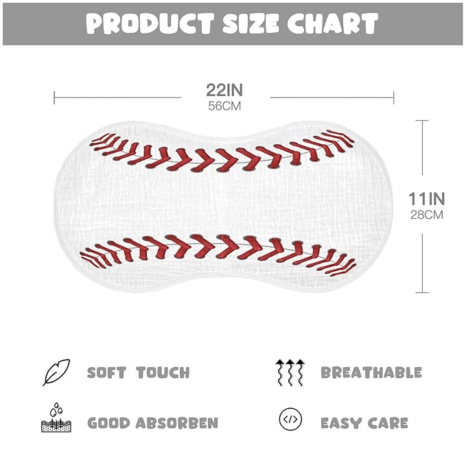 WELLDAY Muslin Baby Burp Cloths Set of 2, Soft Absorbent Sport Baseball Print Muslin Washcloths, Bibs, Face Towel for Newborn Boys Girls, 22 x 11 Inch