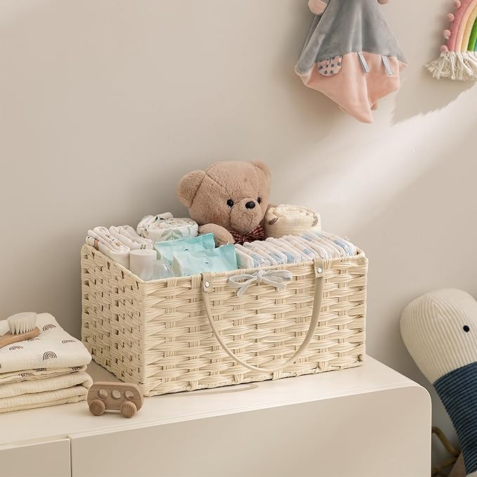HBlife Diaper Caddy Organizer, Washable Waterproof, Portable Plastic Wicker Woven Basket with Divider, Nursery Diaper Station, Baby Shower Gifts Basket & Car Organizer