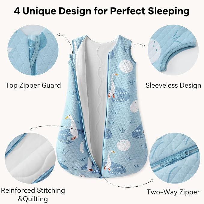 Unnivoll Baby Sleep Sack 0-6 Months 1.5 Tog Baby Wearable Blanket 100% Cotton Fabric Warm Sleeping sack with 2-Way Zipper Quilted for Infant Newborn Tog Blue Duck
