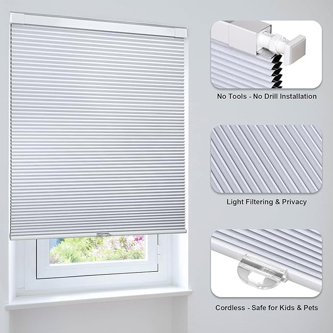 LazBlinds Cordless Cellular Shades, No Tools No Drill Blackout Honeycomb Shades Pleated Blinds for Windows, 44.5'' W x 72'' H, Silver White