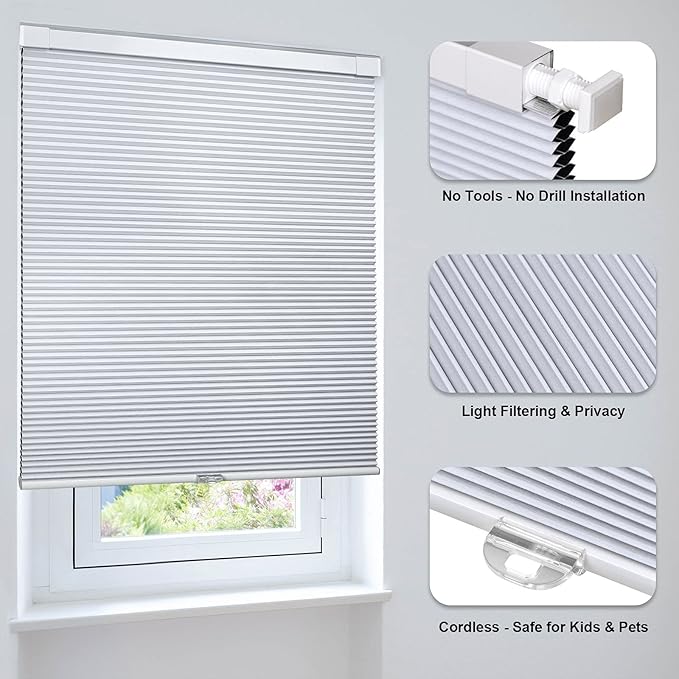 LazBlinds Cordless Cellular Shades, No Tools No Drill Blackout Honeycomb Shades Pleated Blinds for Windows, 30'' W x 72'' H, Silver White