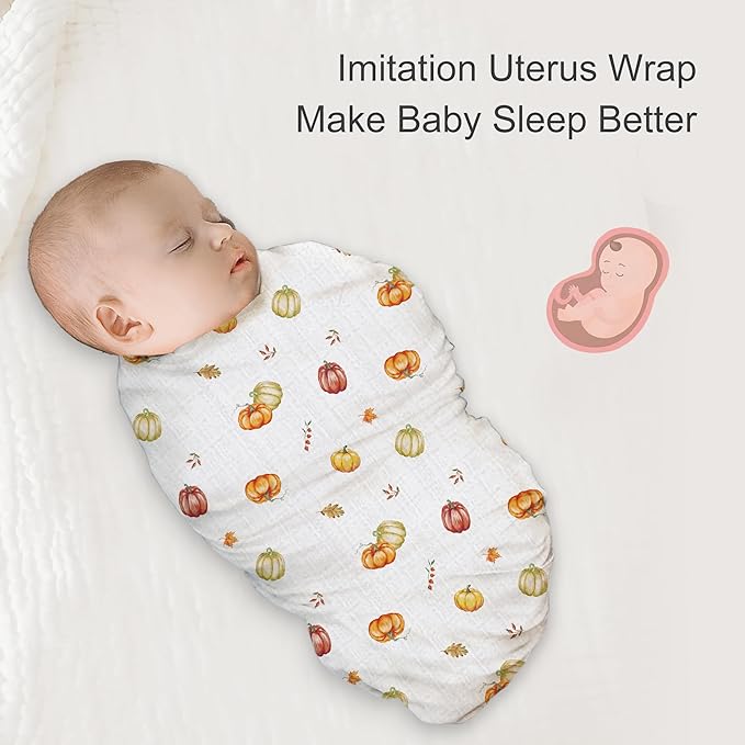 70% Rayon Made from Bamboo 30% Cotton Muslin Swaddle Blanket, 47 x 47 Inches, Pumpkin Print Baby Receiving Blanket, Soft and Breathable, Unisex, 2 Pack