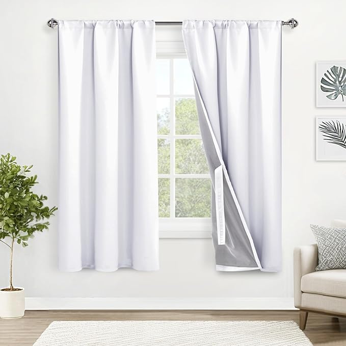 XWZO White 100% Blackout Curtains - Heat and Full Light Blocking Drapes with Black Liner for Bedroom/Laundry Room, Rod Pocket & Back Tab Window Panels with Tiebacks, White, W42 x L63, Set of 2